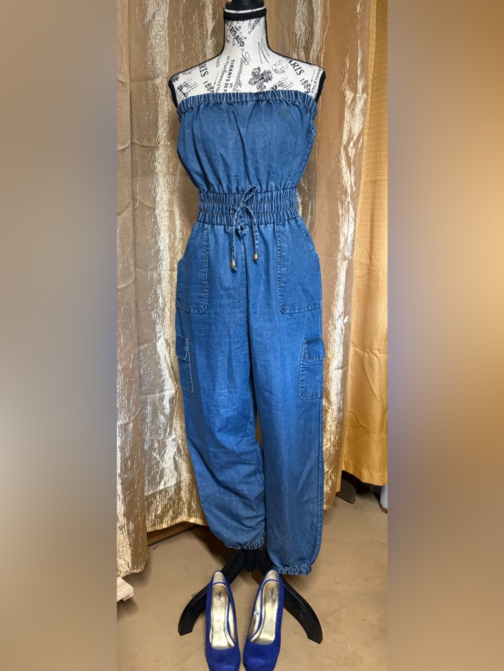 indulge Blue Strapless Denim Jumpsuit with Drawstring Waist